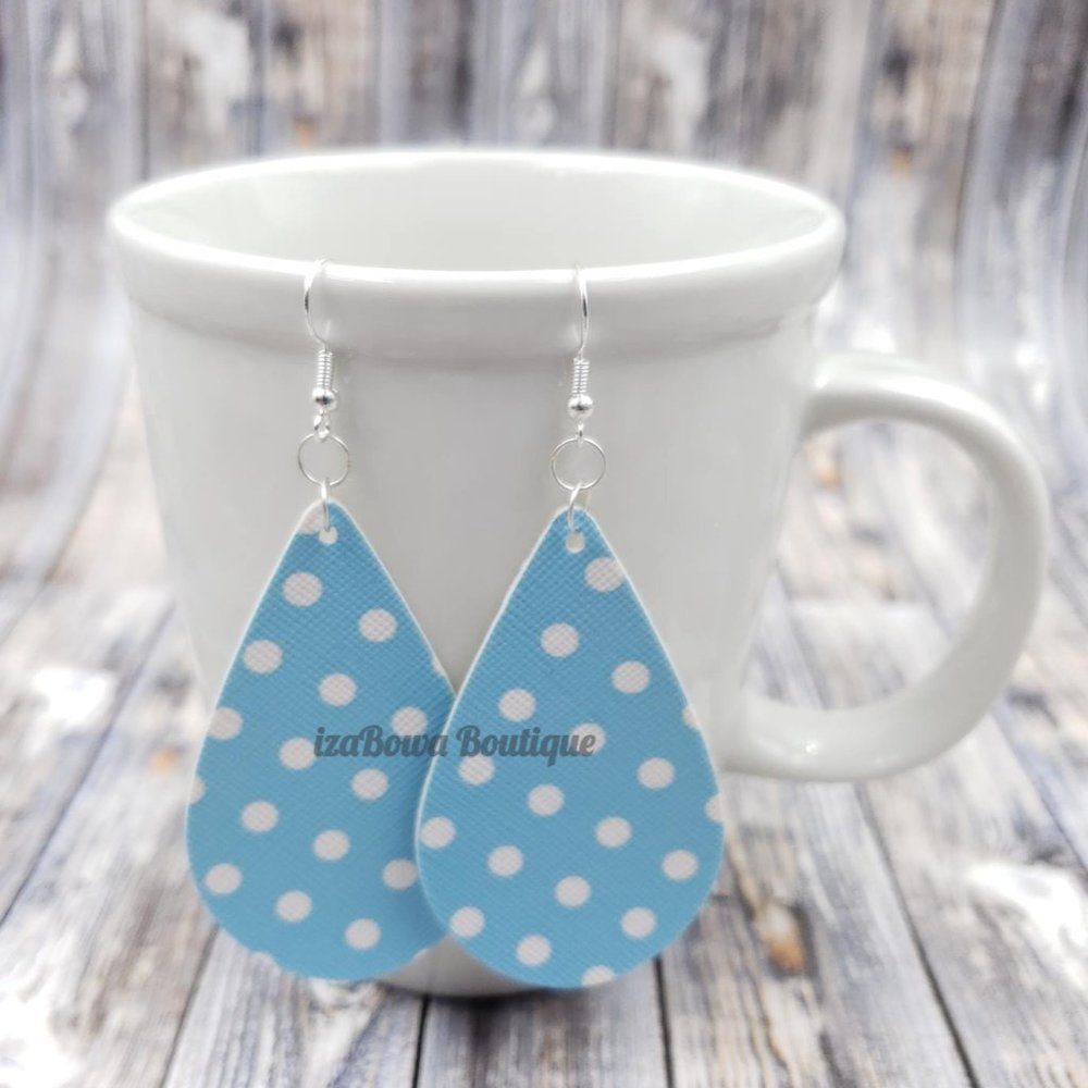 Blue Dots Faux Leather Earrings   ER1639   Handmade NWT Boutique